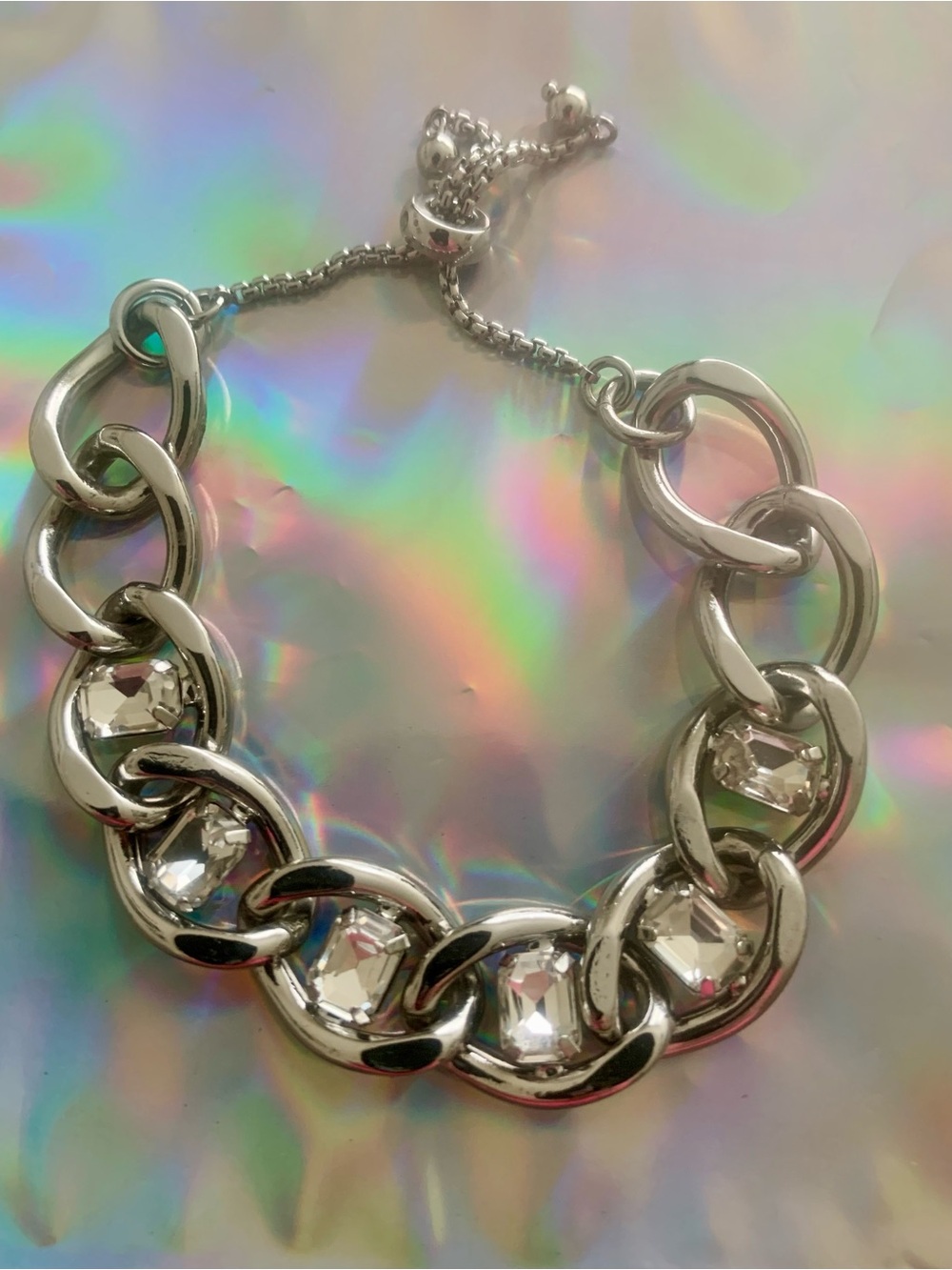 Silver-Tone Chunky Link Adjustable Bracelet with Clear Stones